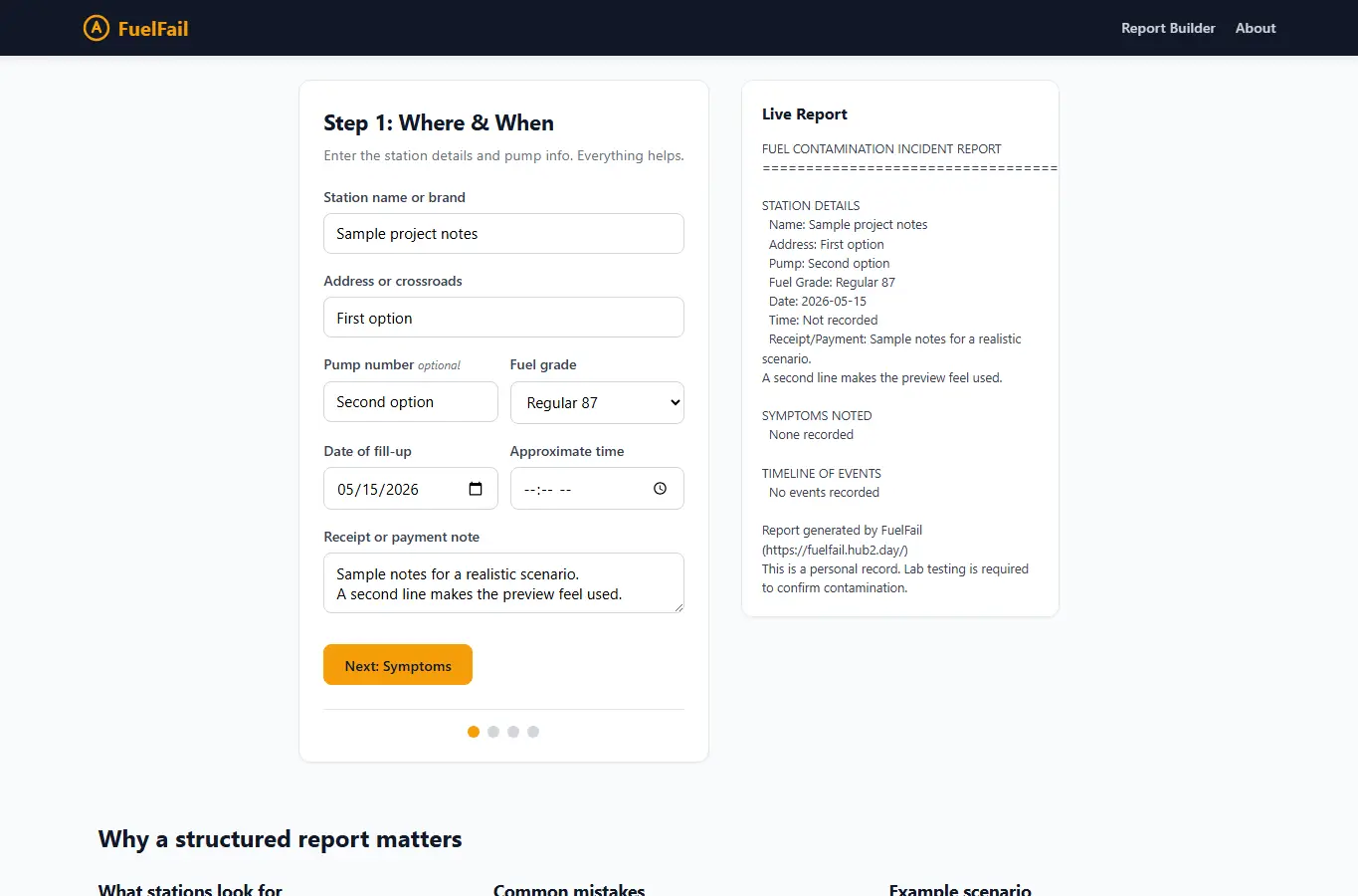 Screenshot of FuelFail: Contamination Incident Log interface showing the project page in use